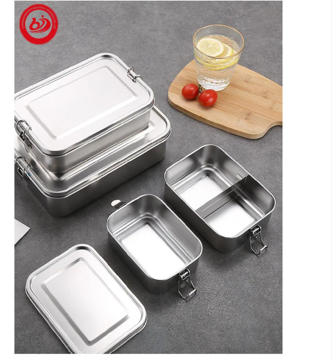 Rectangular Outdoor Picnic Easy to Clean Storage Stainless Steel Camping Lunch Box with Buckle